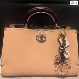 Coach Tan and Brown Satchel with Tearose Floral Charm